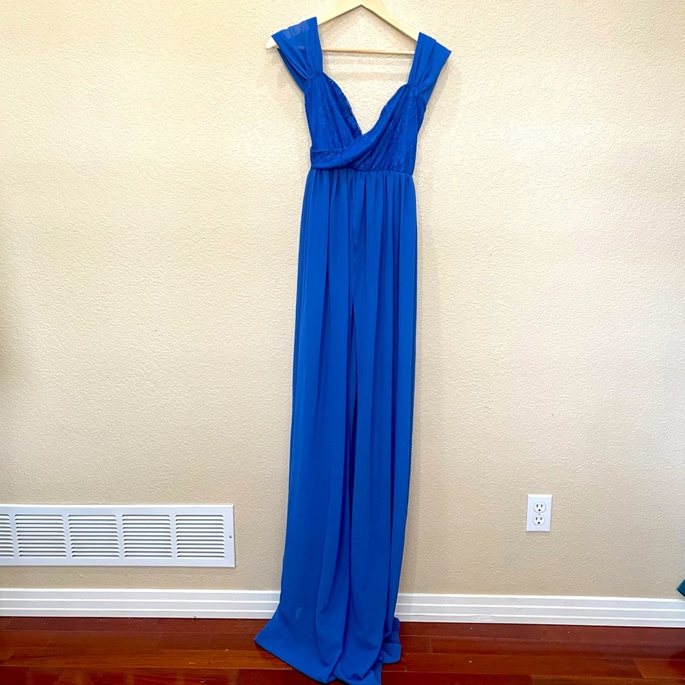 Maternity Long Royal Blue Off the Shoulder Sheer Maxi Baby Doll W/ Lace